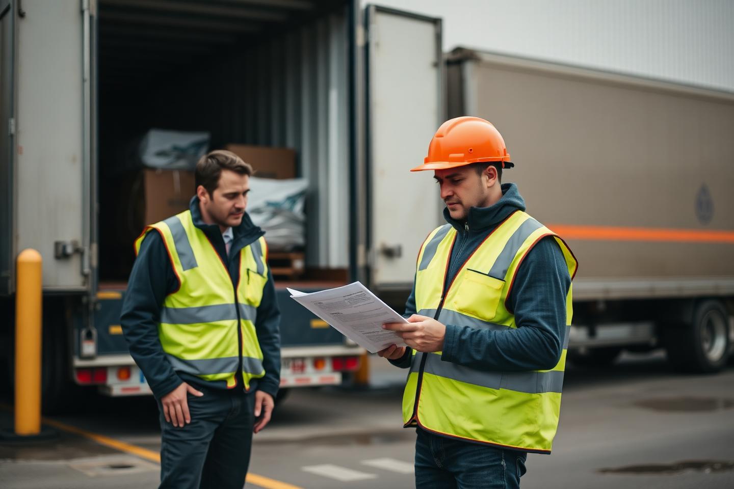 Twee logistiek medewerkers controleren een vrachtbrief bij een geladen trailer op het laaddok