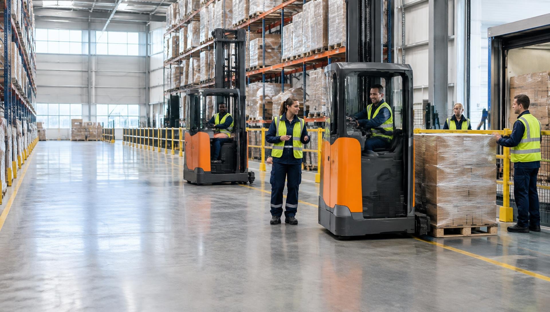 Een magazijnploeg stemt palletverplaatsingen af met reachtruckchauffeurs.