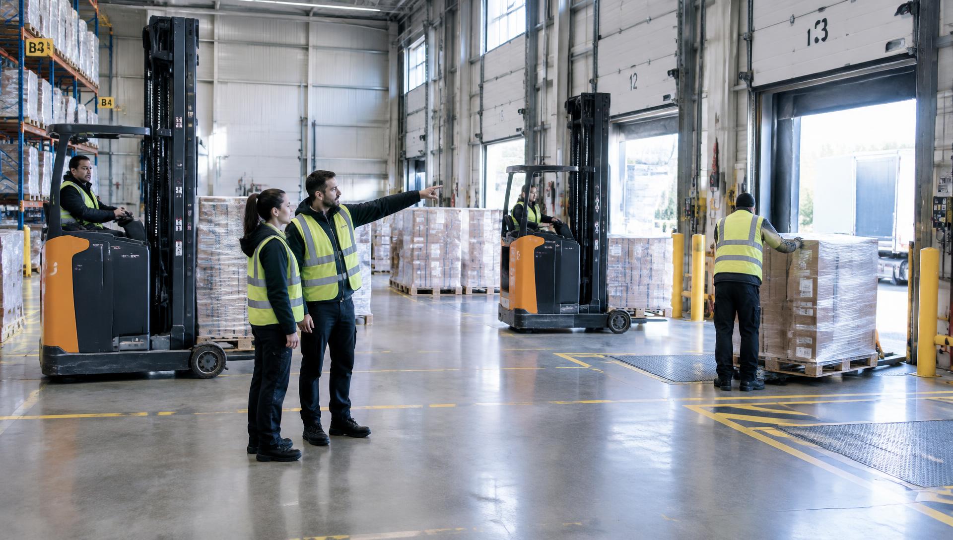 Een magazijnploeg stemt palletverplaatsingen af met reachtruckchauffeurs.