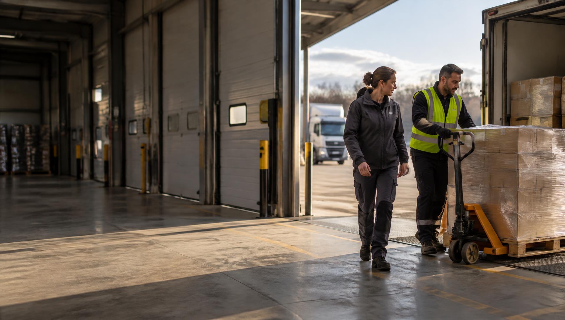 Een operationeel manager en teamleider verplaatsen een geladen pallet op het laaddok van een distributiecentrum.