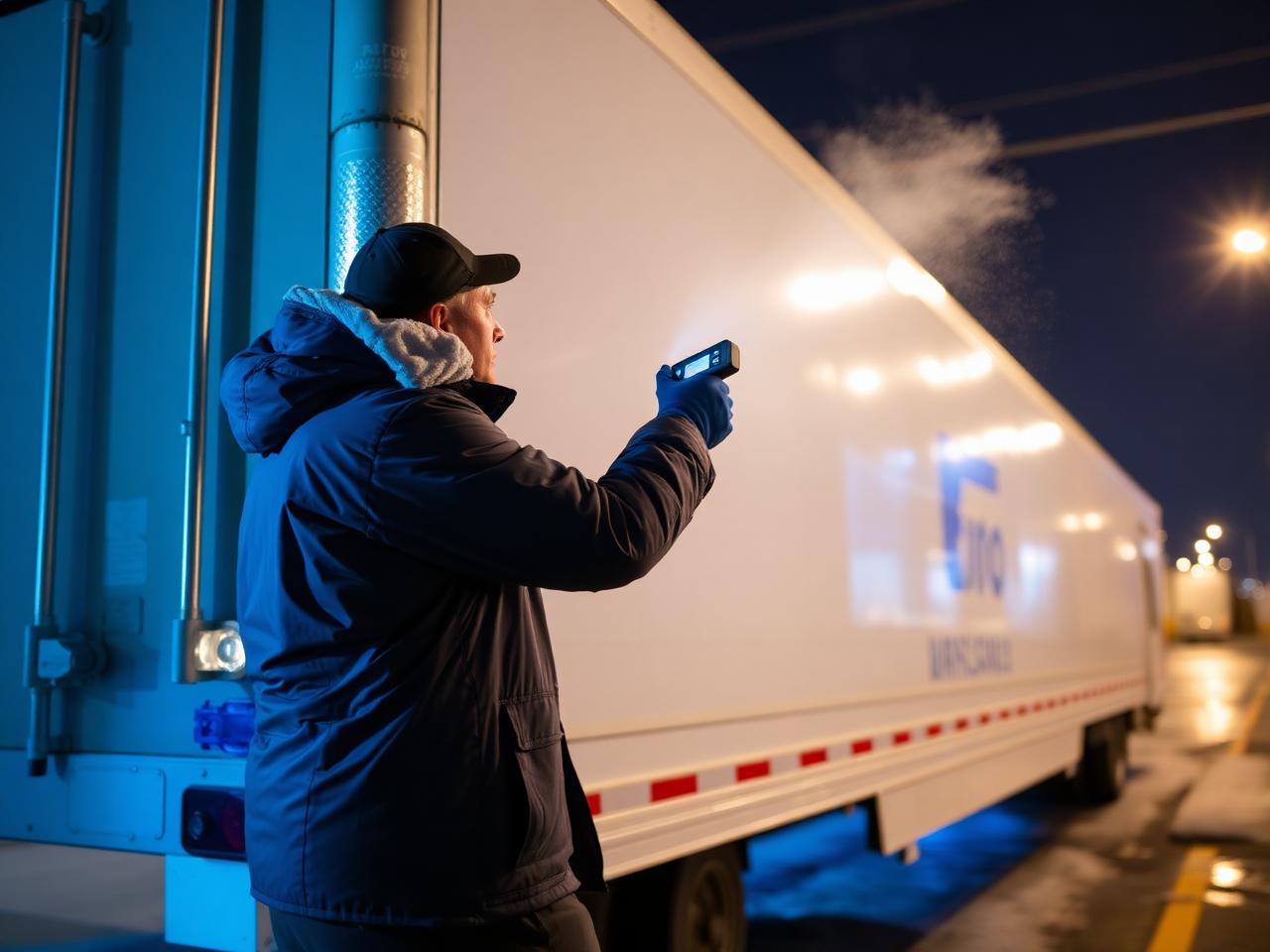 Koelketen-medewerker scant een gekoelde trailer in de nacht