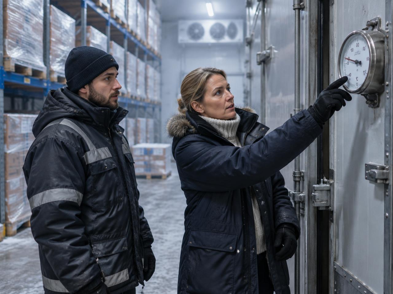 Koelketen-medewerker scant een gekoelde trailer in de nacht